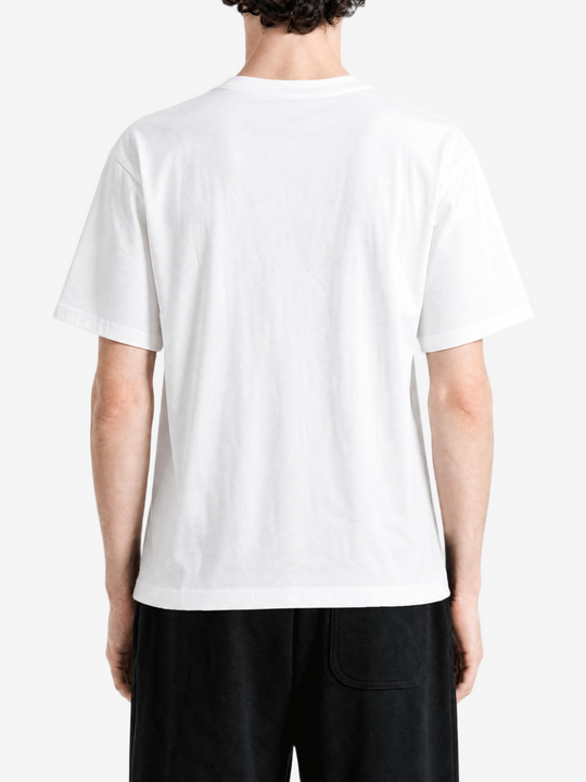 White t-shirt worn by a person, back view