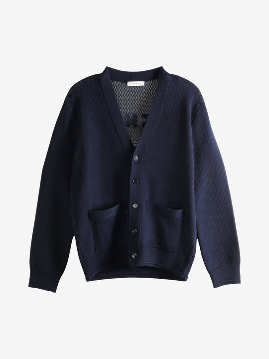 Navy cardigan, front view