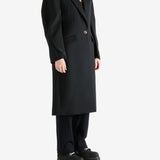 Black coat worn by a person, showing the coat fit
