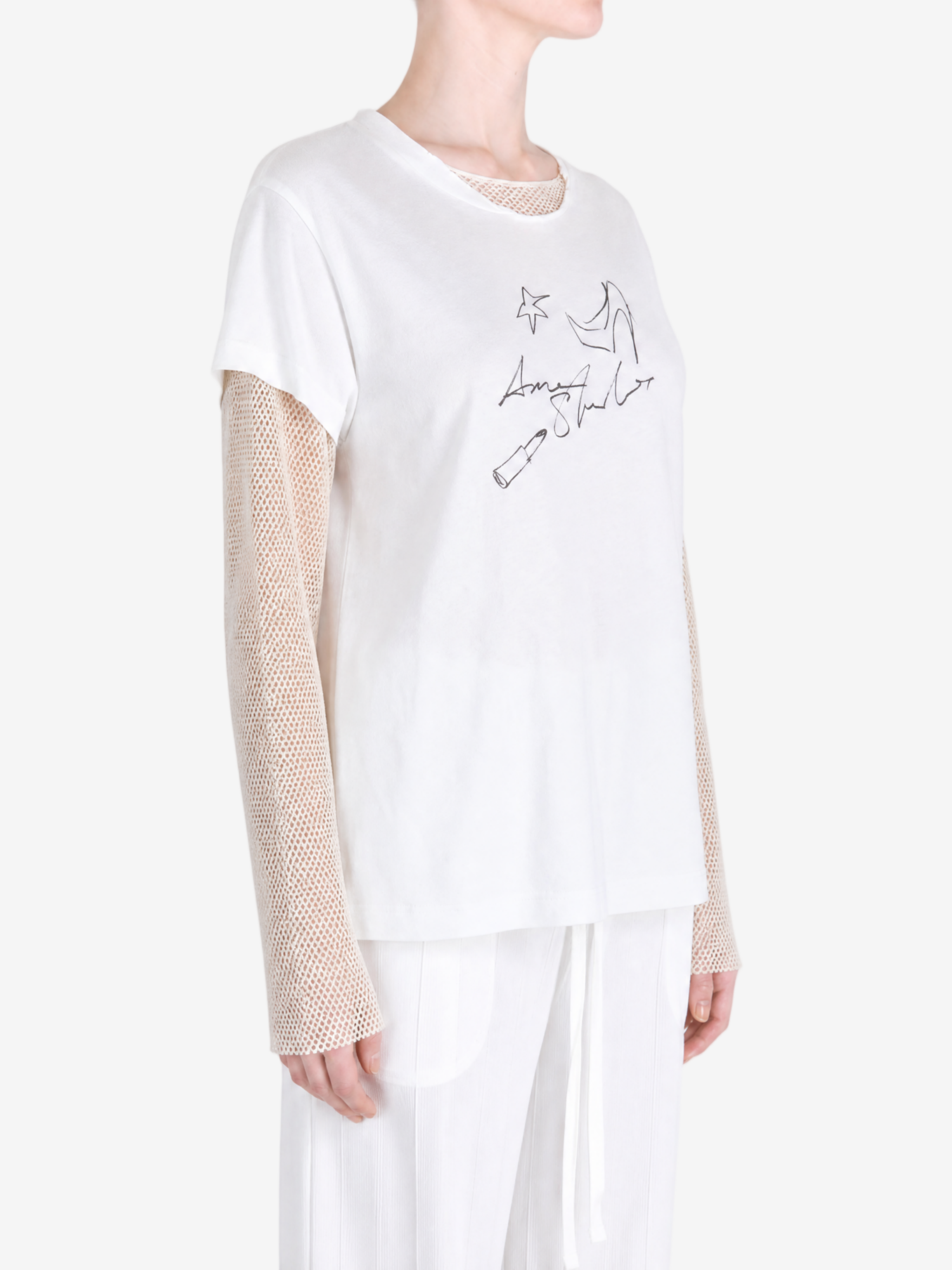 White t-shirt worn by a person, showing the t-shirt fit