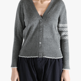 Grey cardigan worn by a person, showing the cardigan's fit