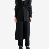 Black coat worn by a person, showing the coat fit