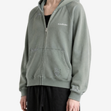 Green hoodie worn by a person, showing the hoodie fit