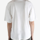 White t-shirt worn by a person, showing the shirt's fit