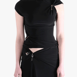 Black top worn by a person, showing the top's fit