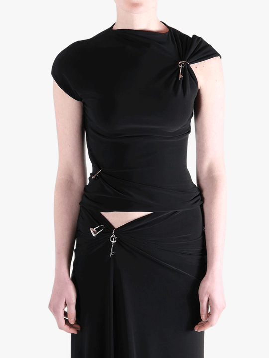 Black top worn by a person, showing the top's fit