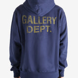Navy hoodie worn by a person, showing the hoodie's fit