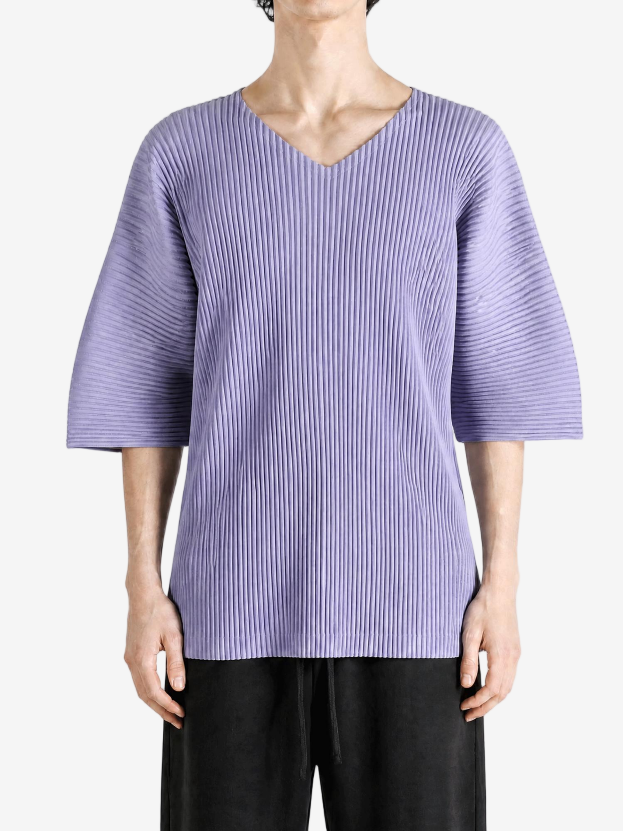 Purple t-shirt worn by a person, showing the t-shirt fit