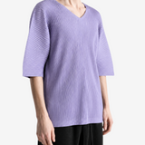 Purple t-shirt worn by a person, showing the t-shirt fit