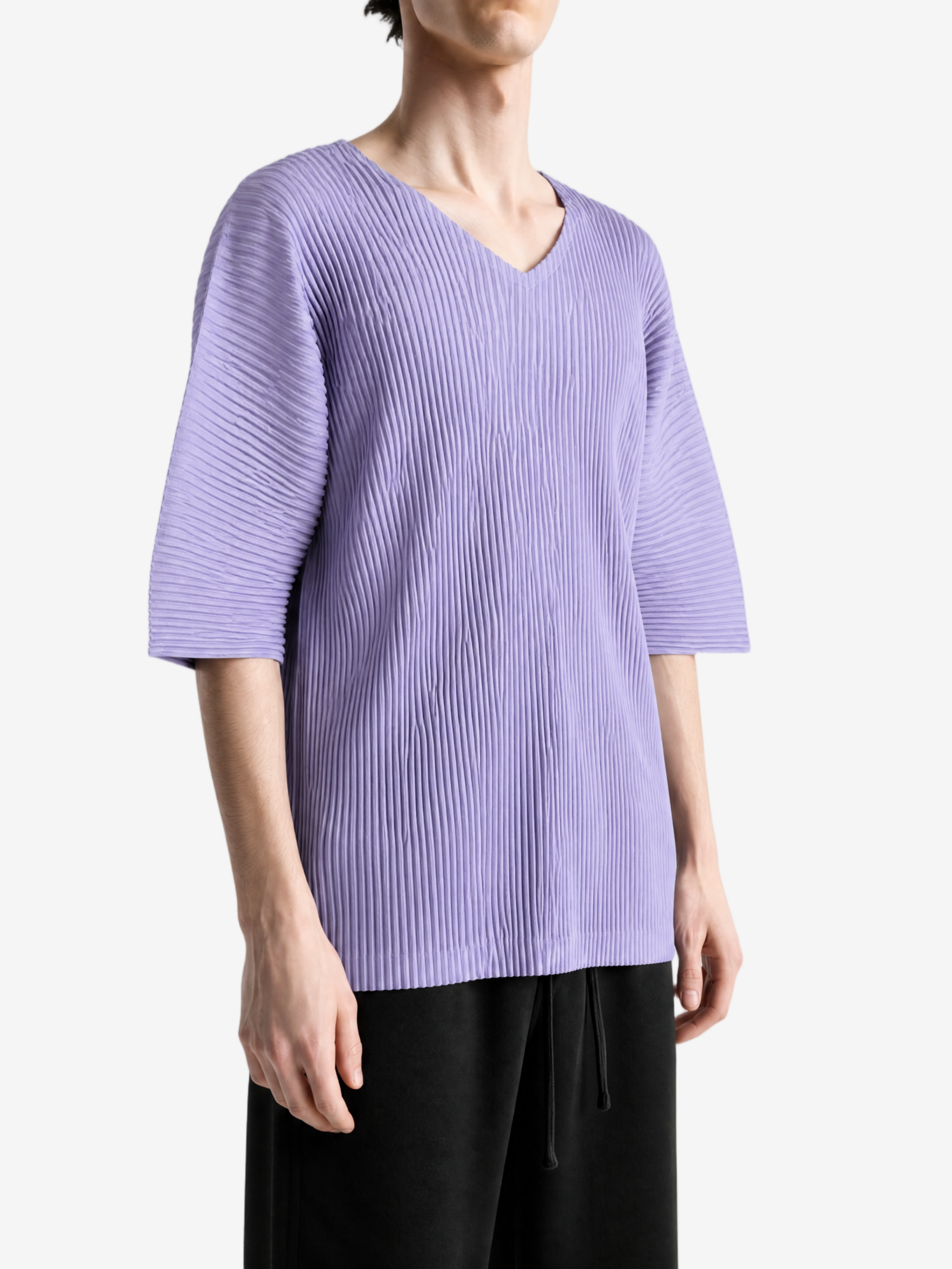 Purple t-shirt worn by a person, showing the t-shirt fit