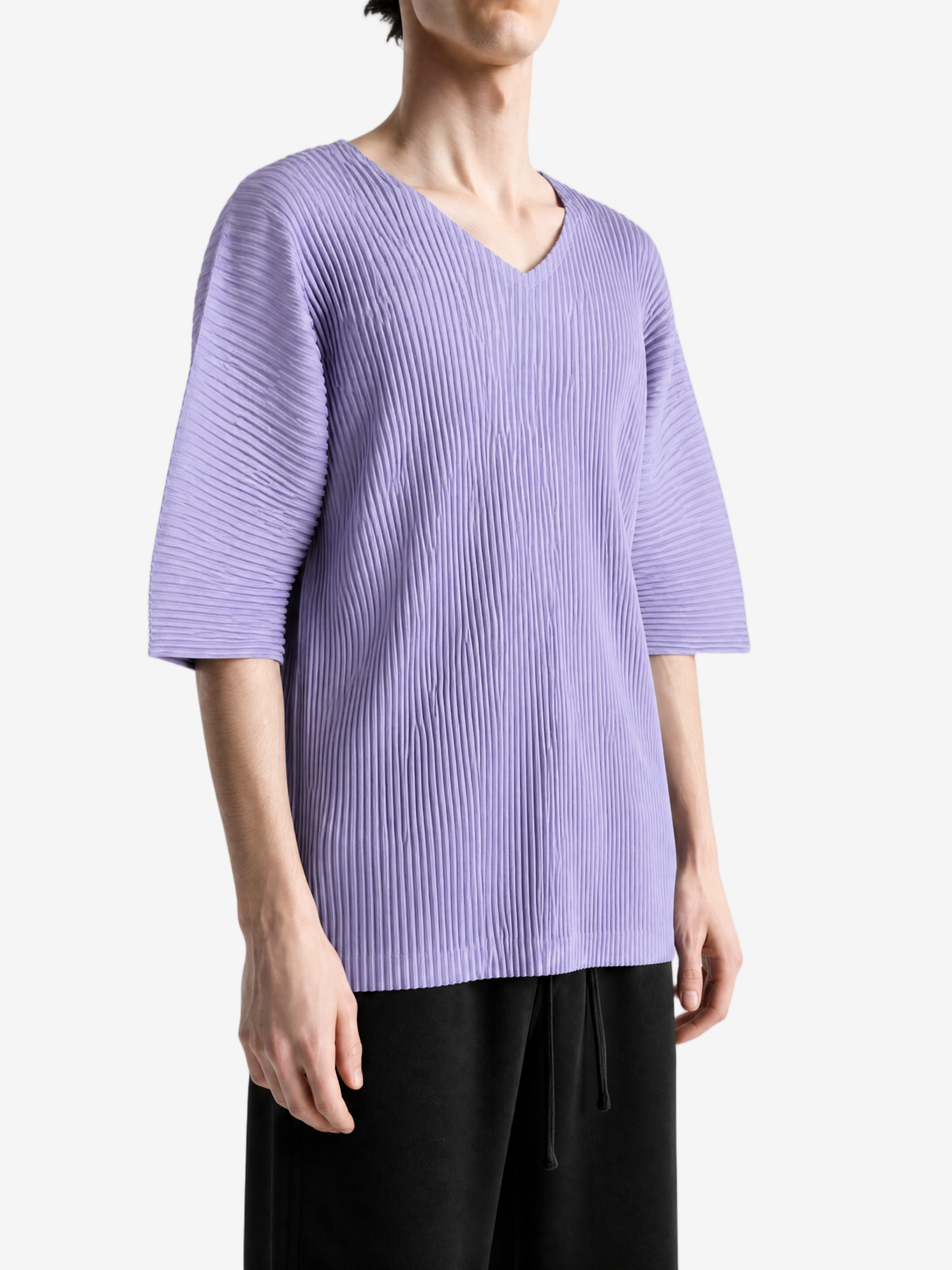 Purple t-shirt worn by a person, showing the t-shirt fit