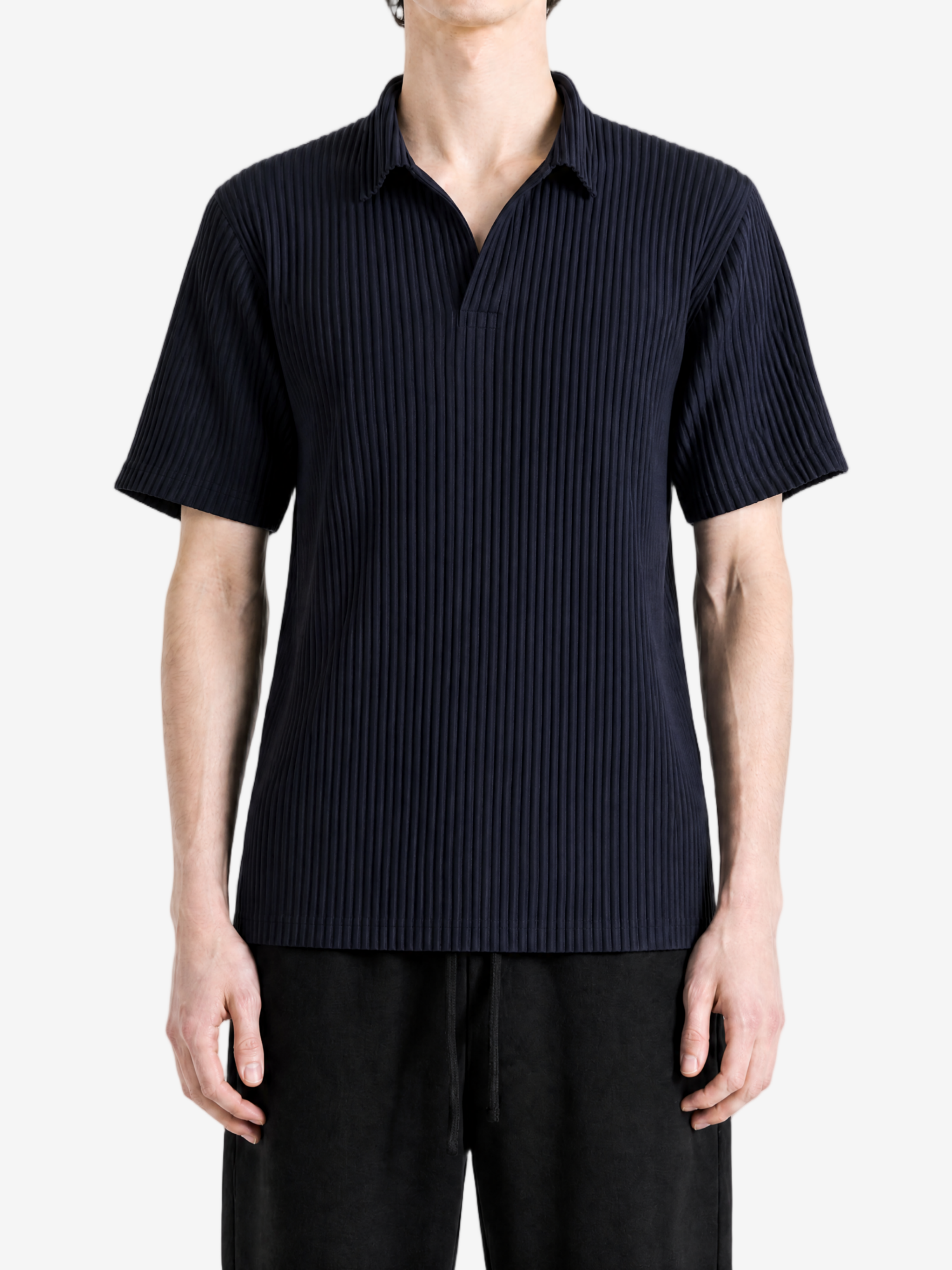 Navy shirt worn by a person, showing the shirt fit