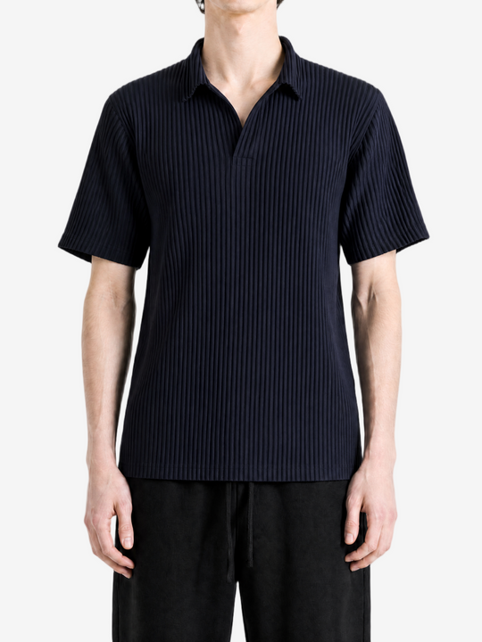 Navy shirt worn by a person, showing the shirt fit