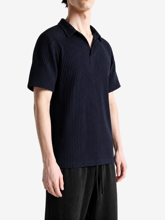 Navy shirt worn by a person, showing the shirt fit