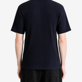 Navy shirt, full body view