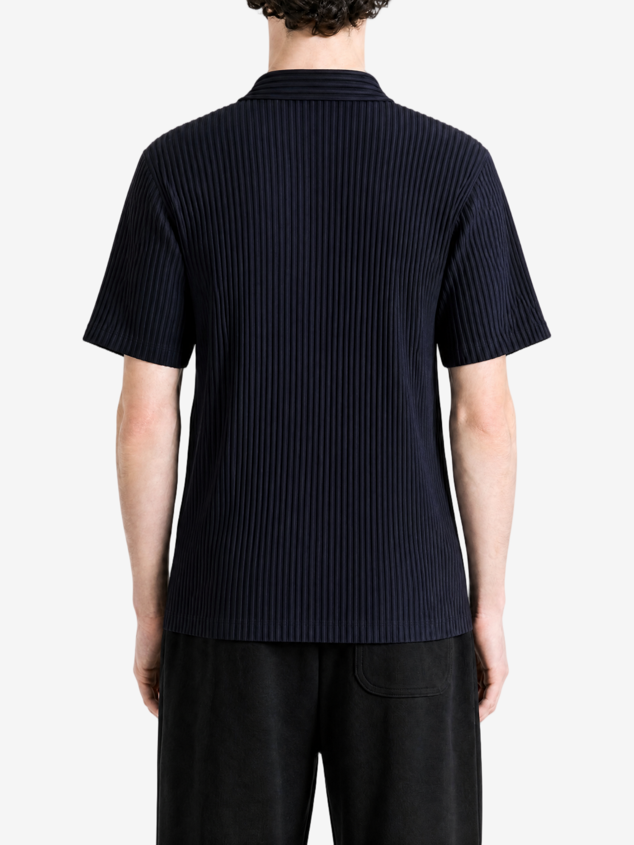Navy shirt, full body view
