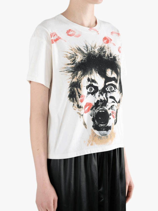 White t-shirt worn by a person, showing the t-shirt fit