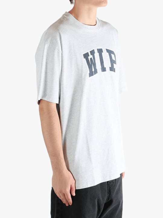 Grey t-shirt worn by a person, showing the t-shirt's fit