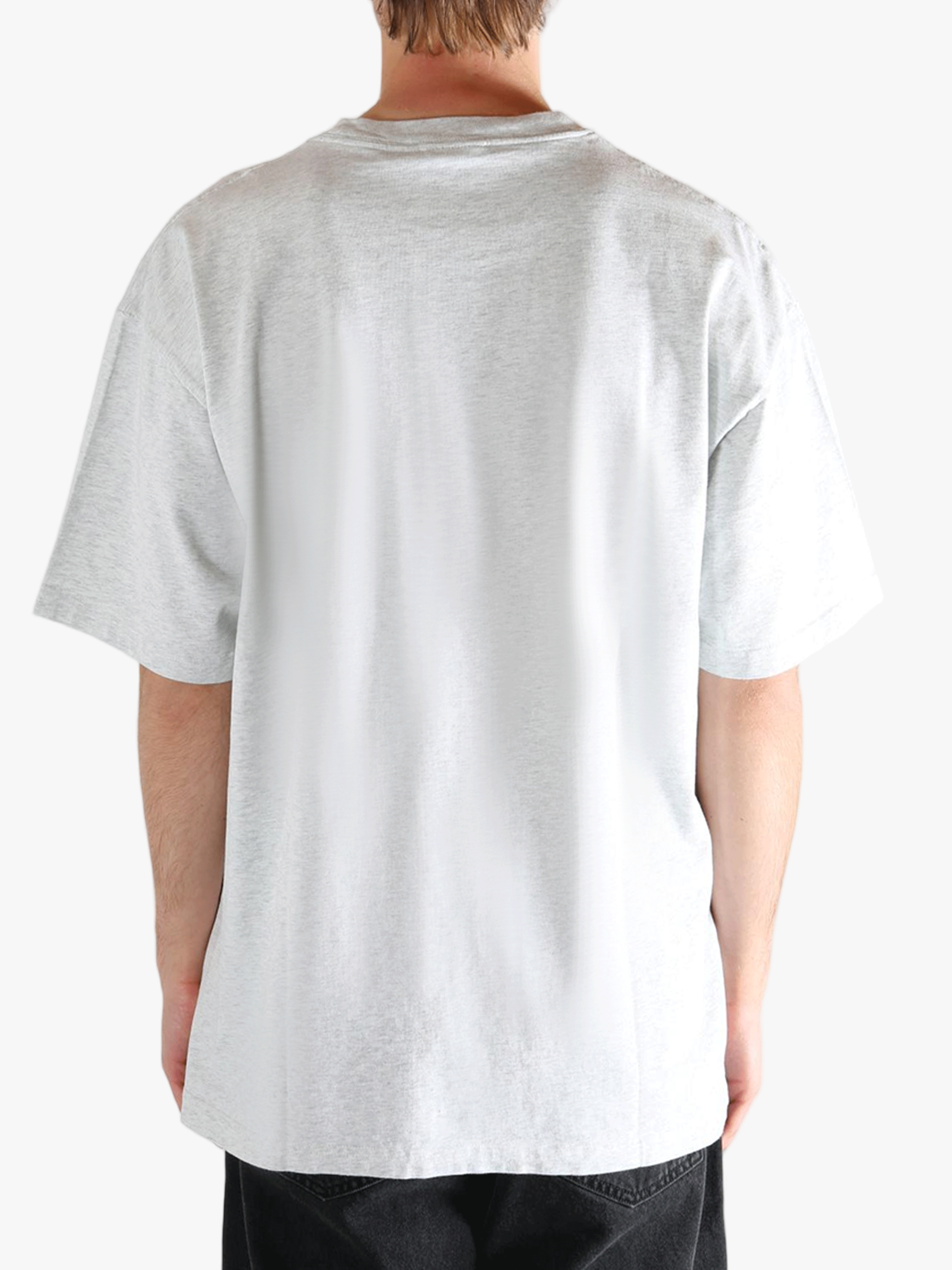 Grey t-shirt worn by a person, showing the t-shirt's fit
