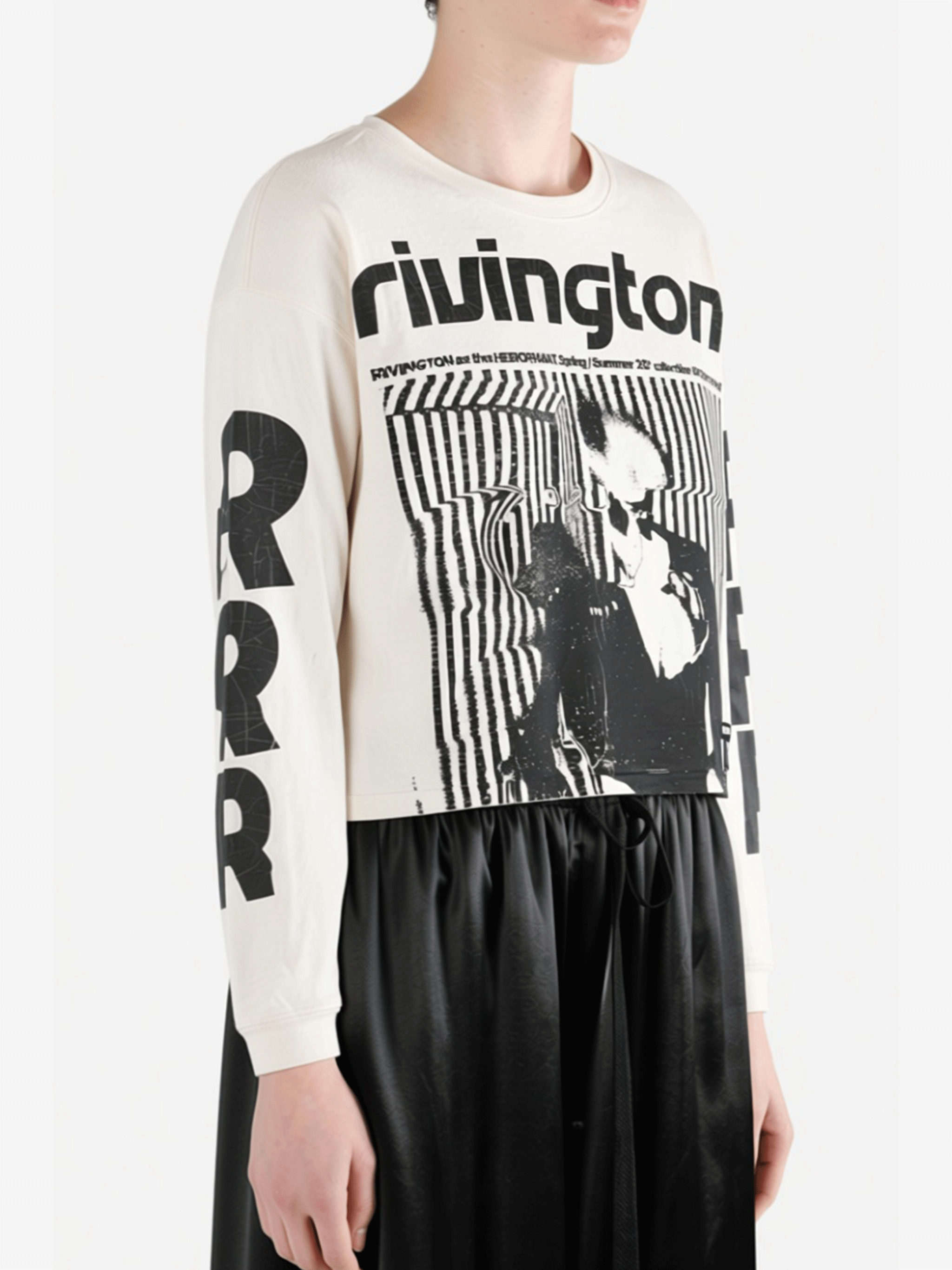 White t-shirt worn by a person, side view