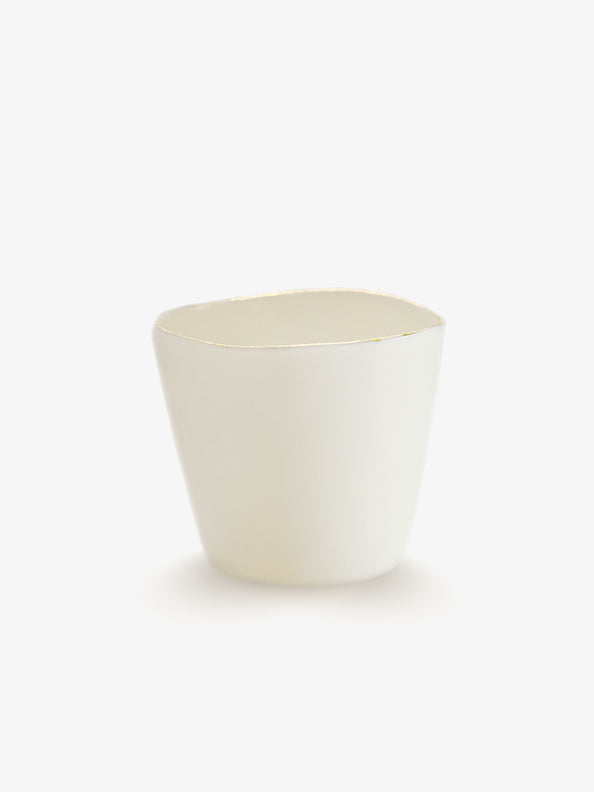 JINJIN PARIS Golden Rim Teacup Medium in ivory porcelain, angled view with softly tapered silhouette and hand-finished gold rim.