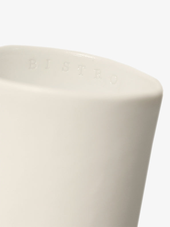 Detail of JINJIN PARIS Pure White Deep Cup with subtle ‘Bistro’ embossing along the interior rim.