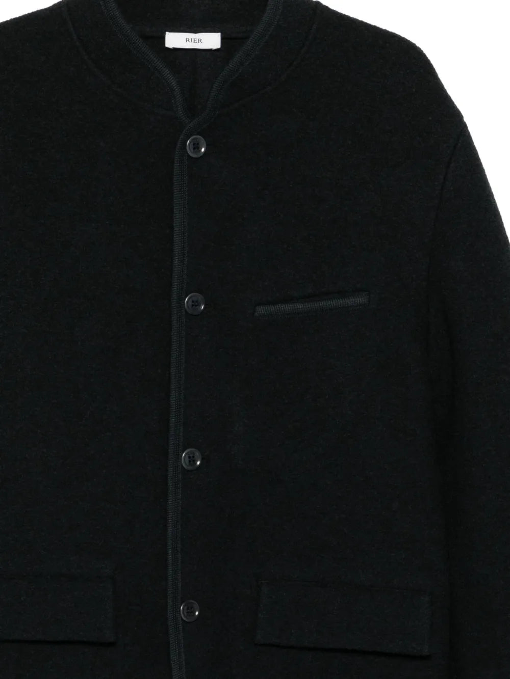 Close up of black jacket,showing texture of the wool fabric