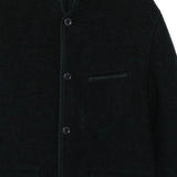 Close up of black jacket,showing texture of the wool fabric