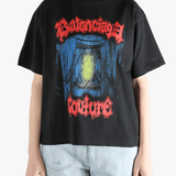 Black T-shirt worn by a person, showing the T-shirt fit