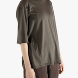 Grey T-shirt worn by a person, showing the T-shirt fit