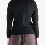 Black knitwear worn by a person, showing the knitwear fit