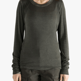 Grey tee  worn by a person, showing the tee fit