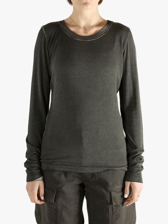 Grey tee  worn by a person, showing the tee fit