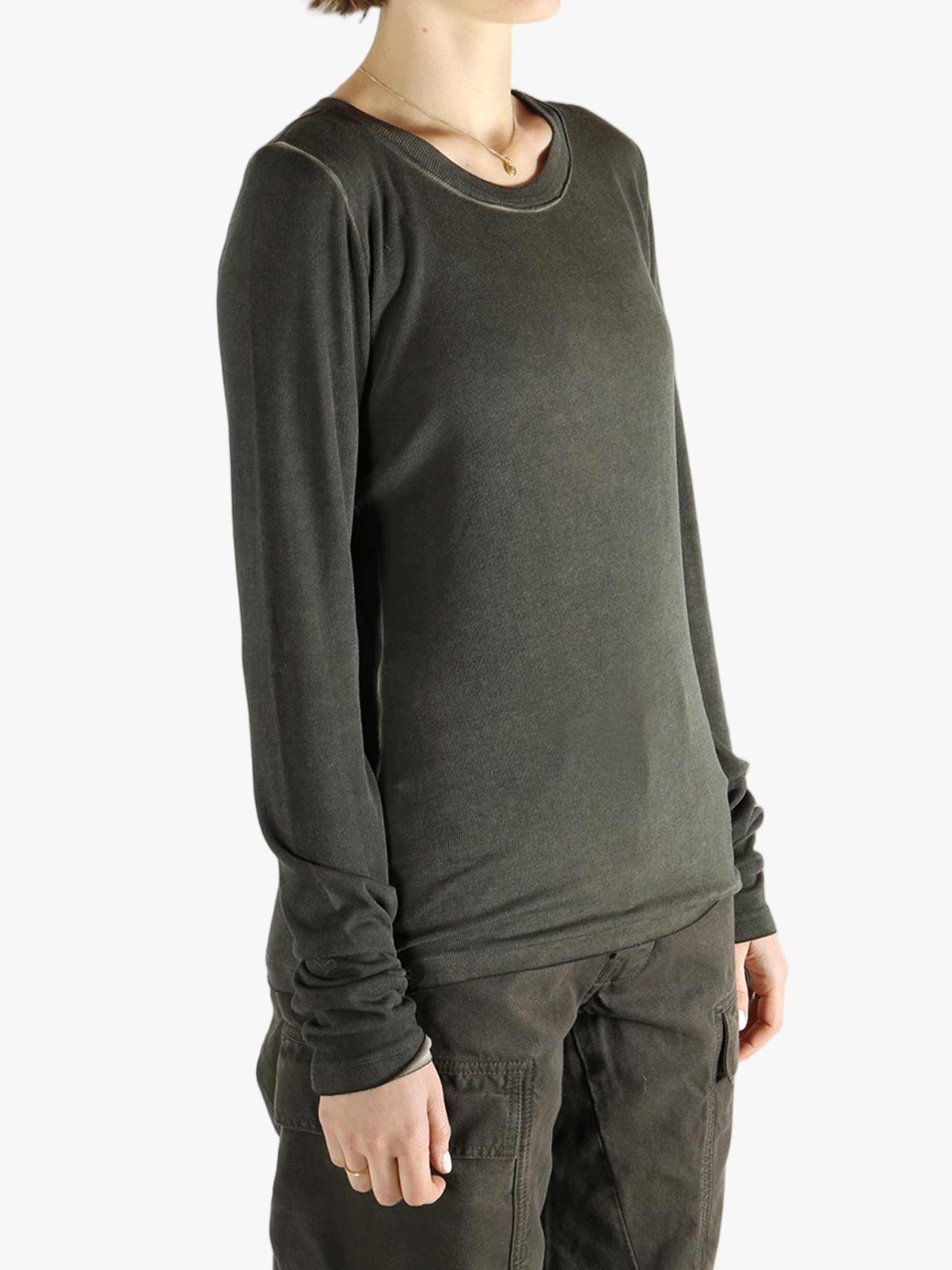 Grey tee  worn by a person, showing the tee fit