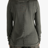 Grey tee  worn by a person, showing the tee fit