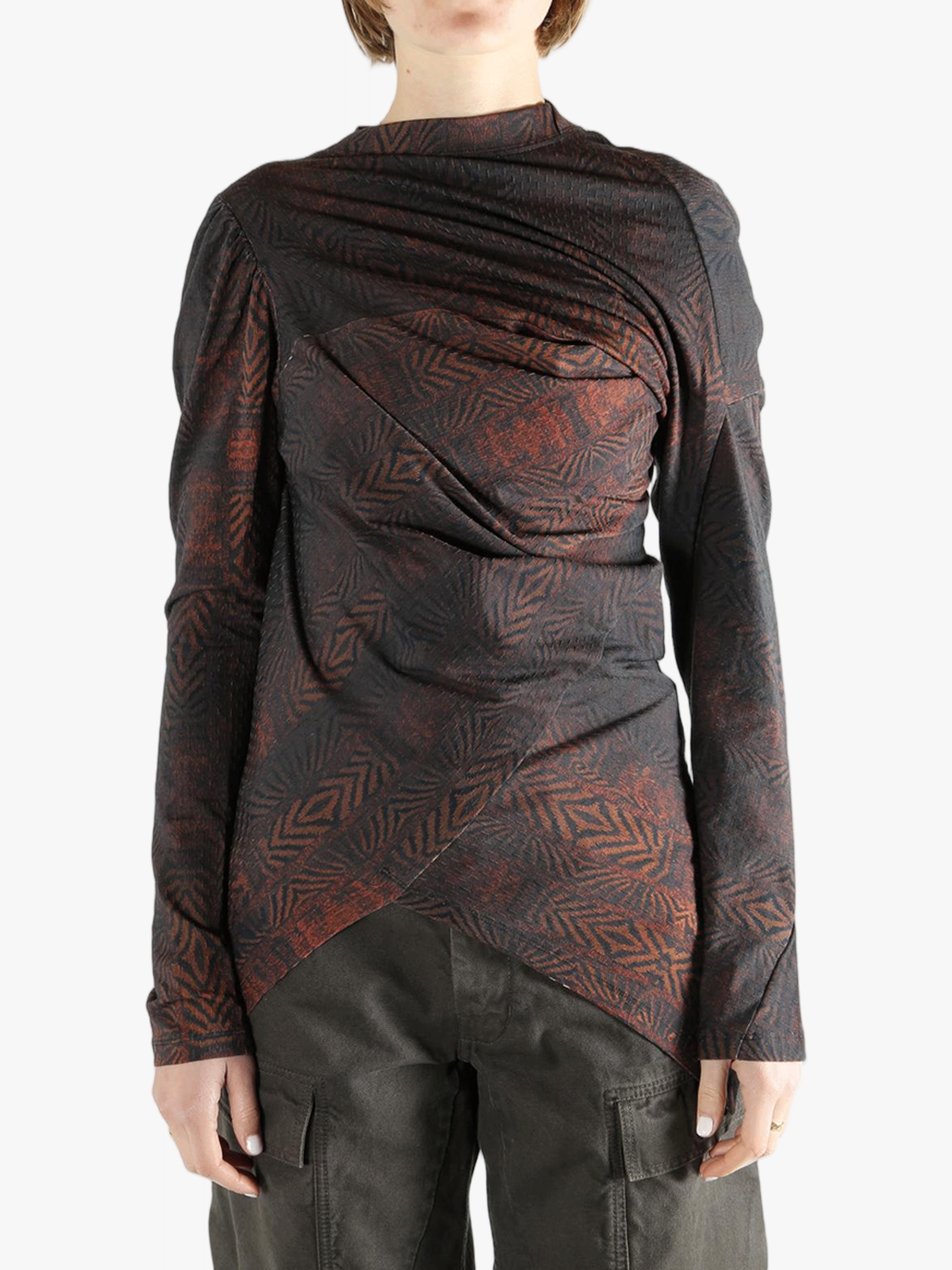 Red tops worn by a person, showing the tops fit