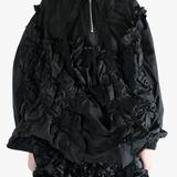 Black jacket  worn by a person, showing the jacket  fit