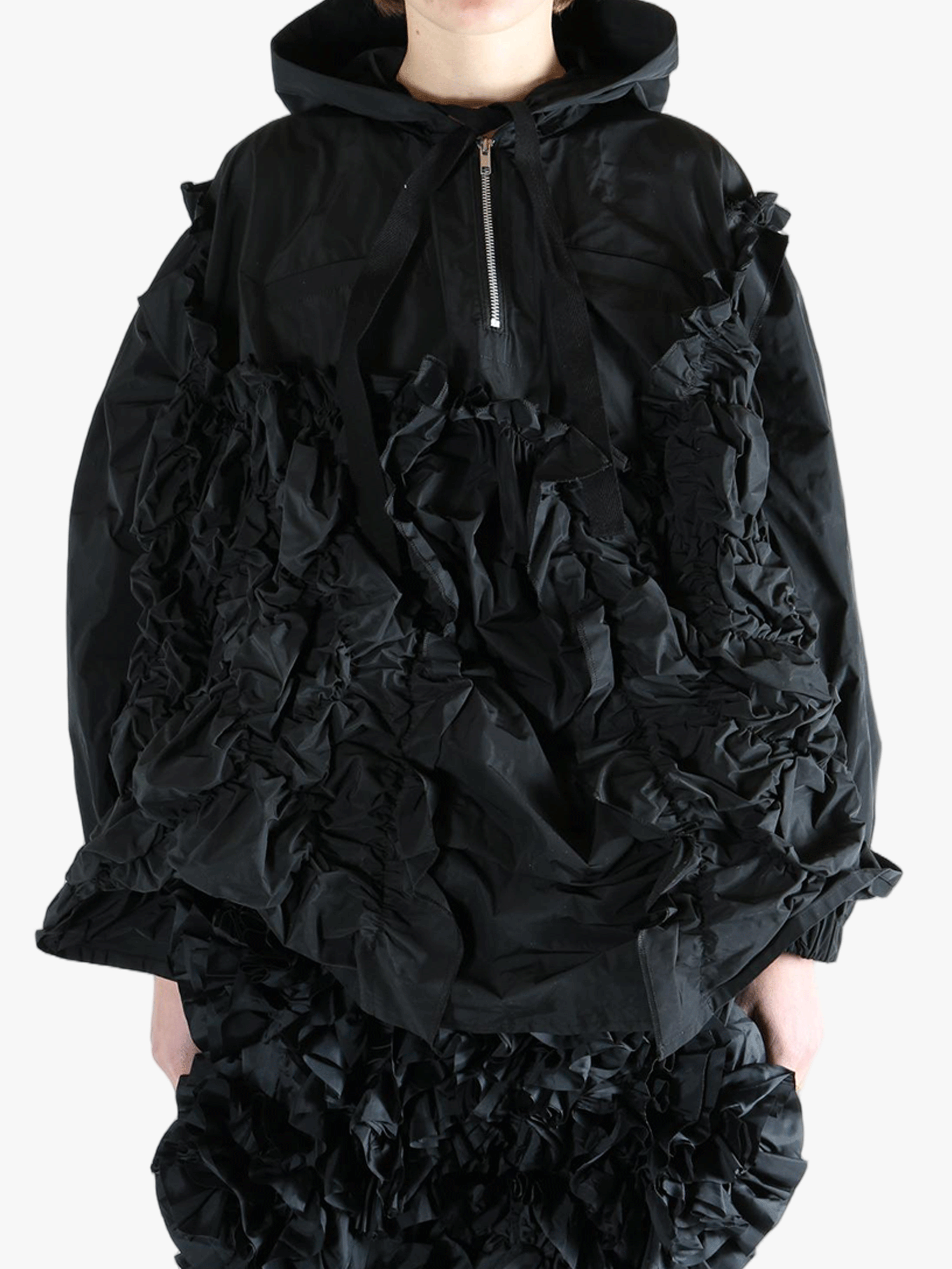 Black jacket  worn by a person, showing the jacket  fit