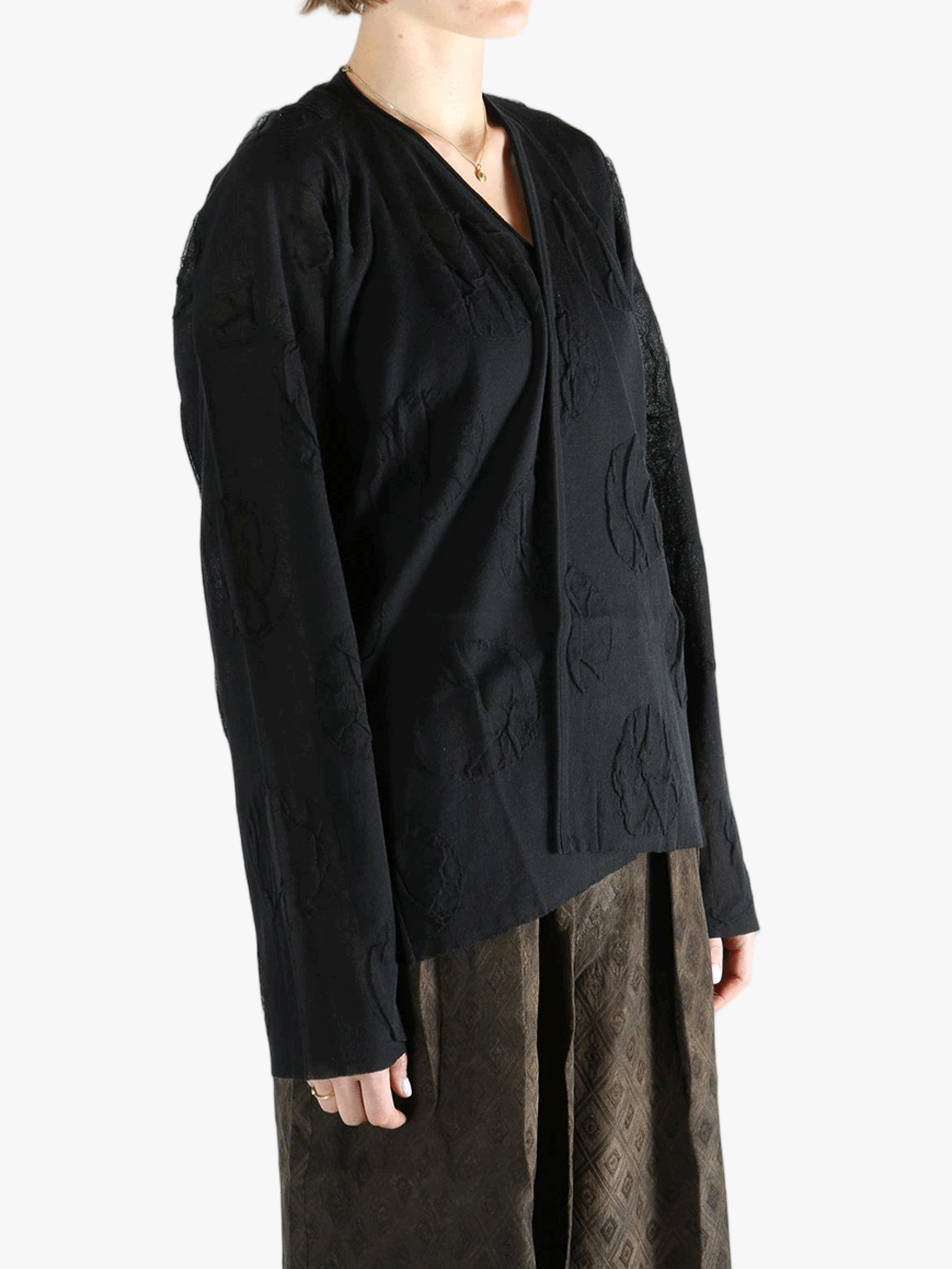 Black cardigan worn by a person, showing the cardigan fit