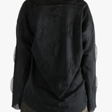 Black cardigan worn by a person, showing the cardigan fit