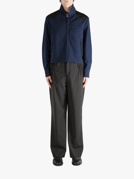 Navy jacket, full body view