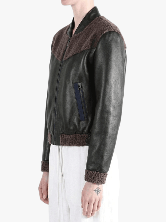 Black jacket worn by a person, side view