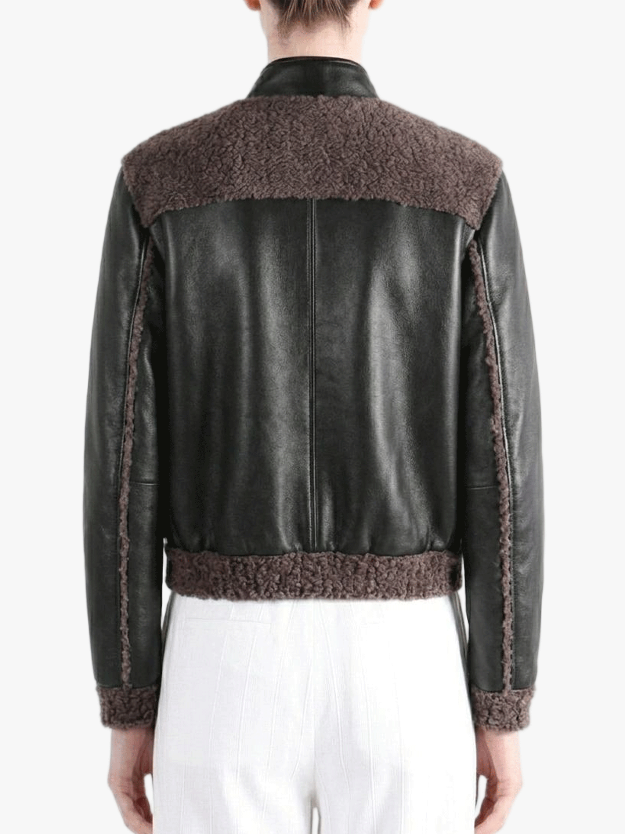 Black jacket worn by a person, back view