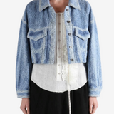 Blue jacket worn by a person,showing the jacket fit