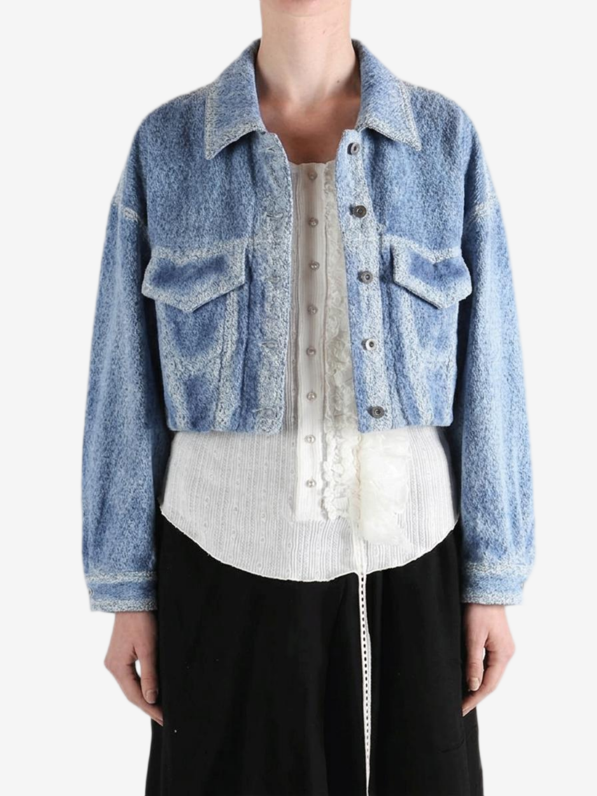 Blue jacket worn by a person,showing the jacket fit