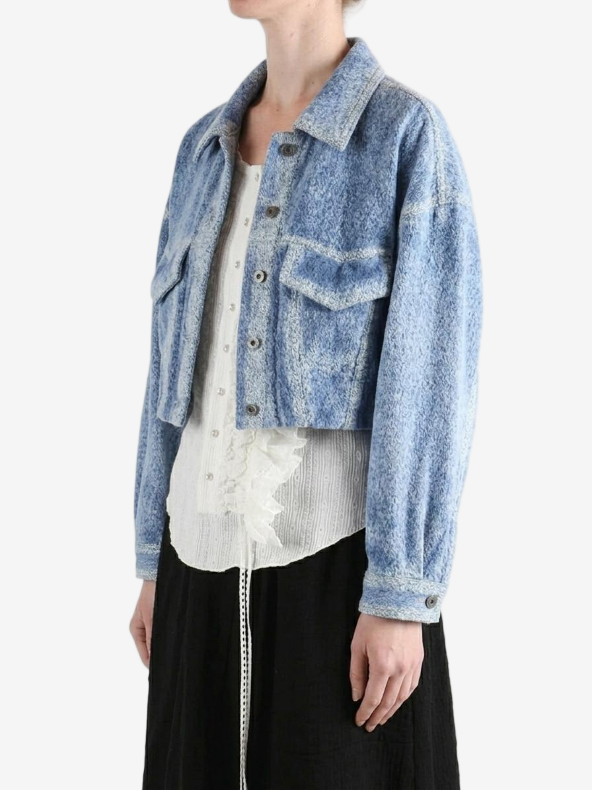 Blue jacket worn by a person,showing the jacket fit
