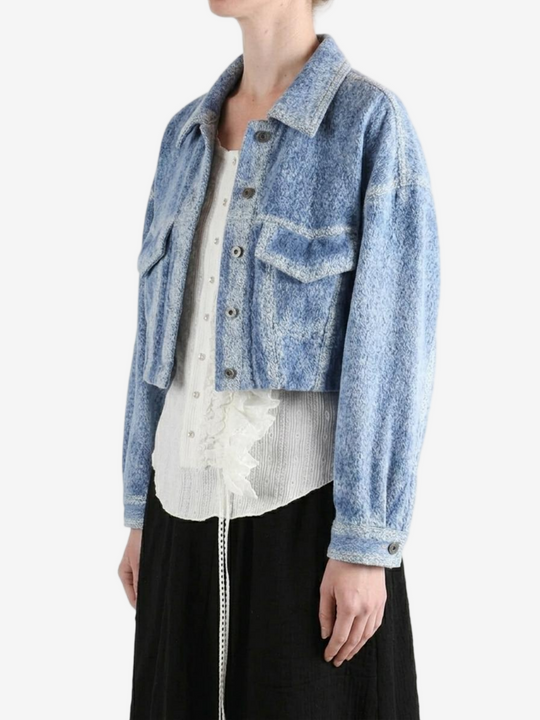 Blue jacket worn by a person,showing the jacket fit