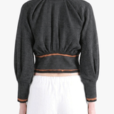Black jacket worn by a person, back view