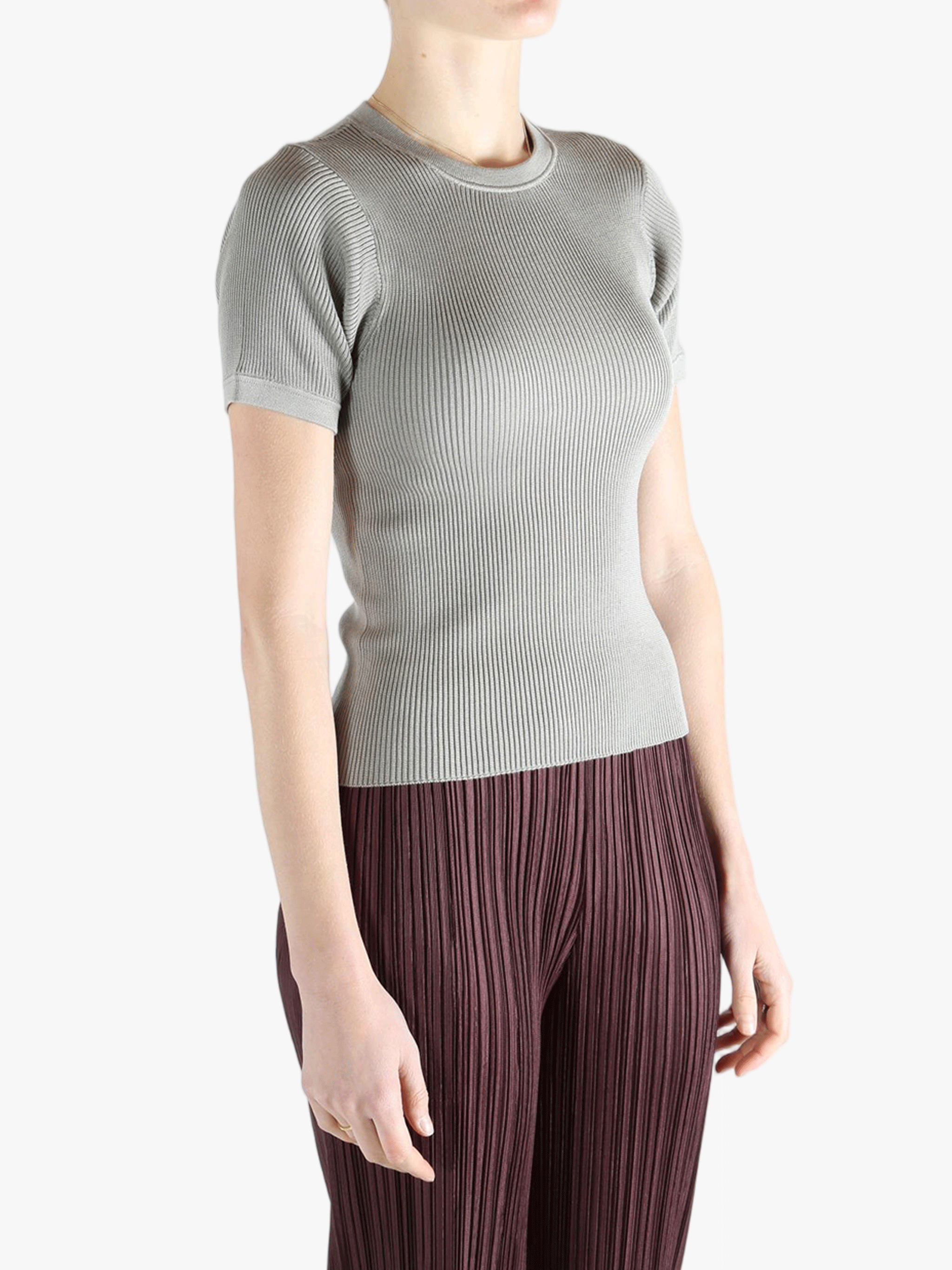 Grey t-shirt worn by a person, showing the t-shirt fit