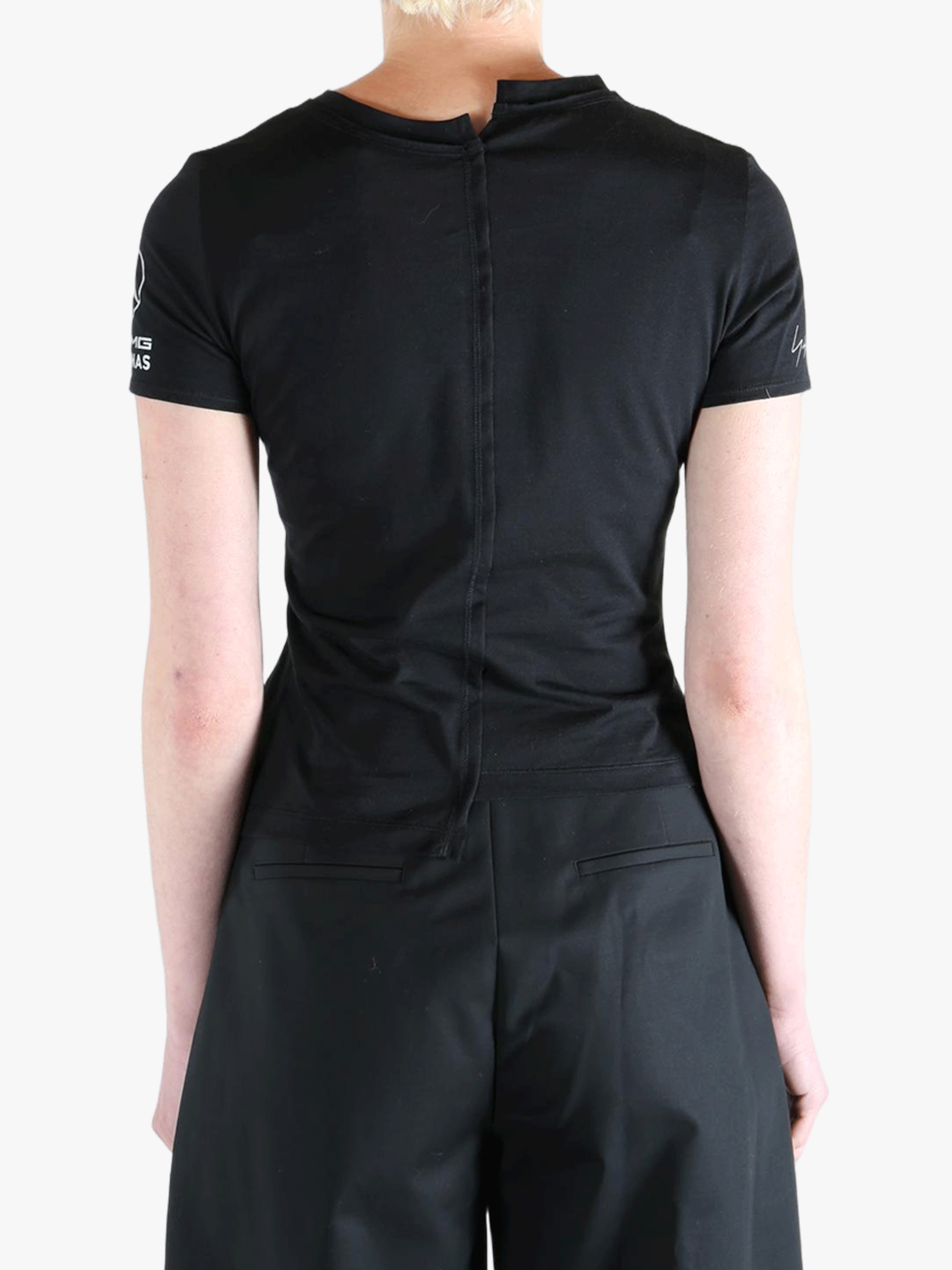 Black t-shirt worn by a person, showing the t-shirt's fit